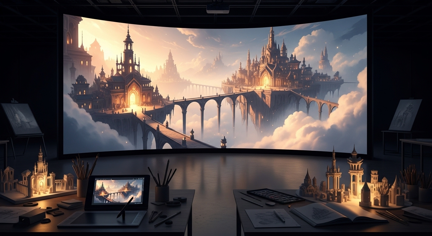 Thành phố cổ huyền ảo bay lơ lửng giữa mây sáng, với kiến trúc tinh xảo và đường đi phát quang, được chiếu trên màn hình lớn trong studio. Minh họa tiềm năng không giới hạn khi tạo video AI.