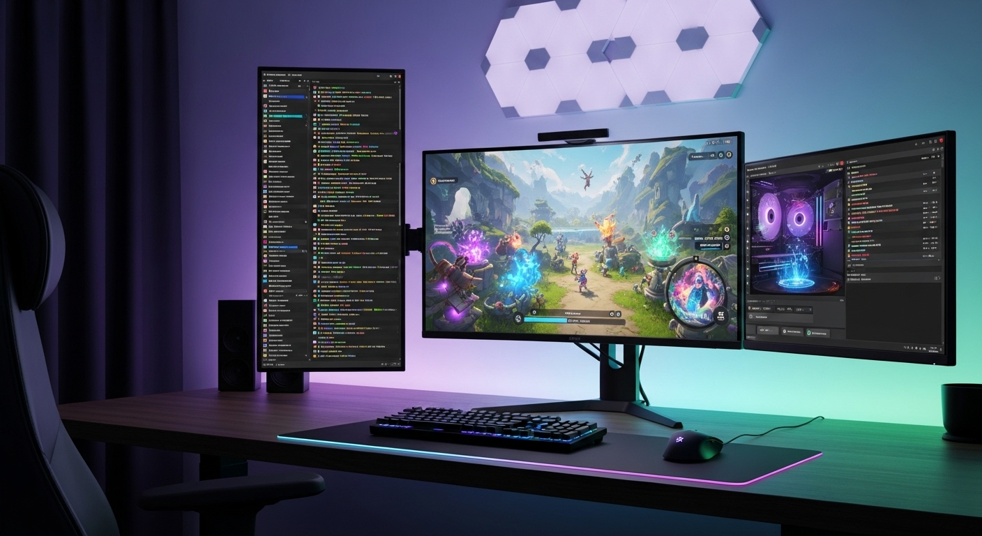 Thiết lập gaming đa màn hình hiện đại với game và livestream chat sôi động, lý tưởng cho những ai muốn tìm hiểu cách bật kiếm tiền trên Facebook.