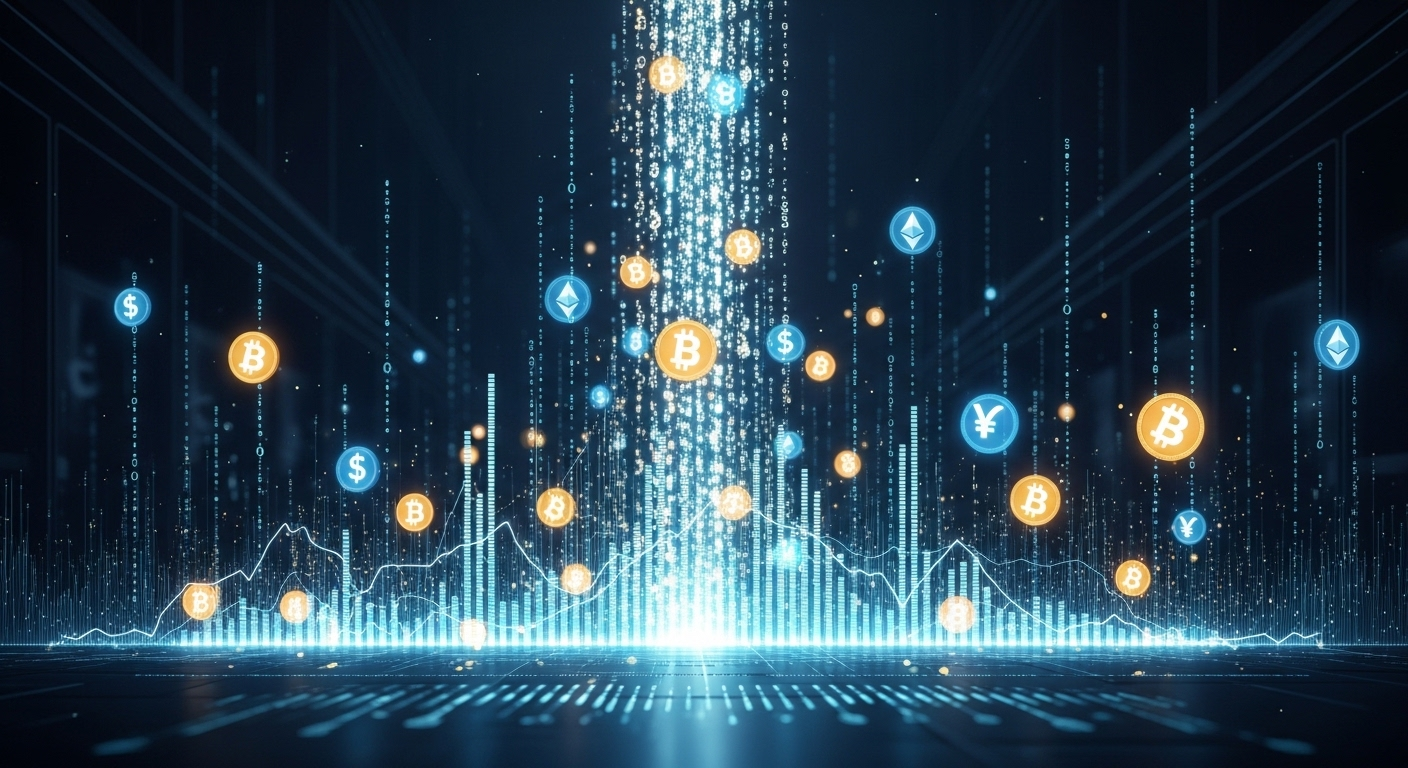 Biểu đồ tăng trưởng kinh tế số động từ các biểu tượng tiền tệ kỹ thuật số phát sáng, đại diện doanh thu khổng lồ từ vô số tương tác số, điển hình như Facebook kiếm tiền.