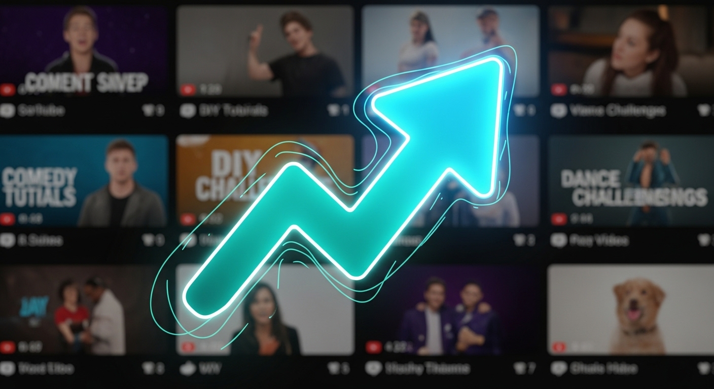 Mũi tên kỹ thuật số phát sáng rực rỡ, hướng lên trên, trên nền các ảnh thumbnail video ngắn mờ, minh họa sự tăng trưởng và tương tác nội dung mạnh mẽ. Hình ảnh này thể hiện kết quả tích cực khi áp dụng cách bật kiếm tiền từ Facebook Story.