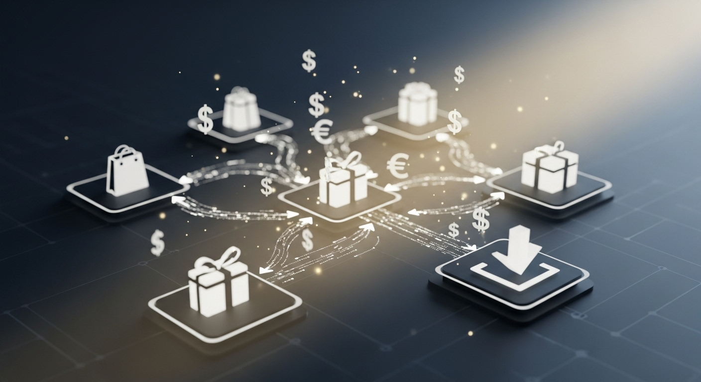 Hình ảnh trừu tượng về tiếp thị liên kết trong môi trường số tối giản, với các biểu tượng sản phẩm, liên kết phát sáng và tiền tệ, minh họa cách kiếm tiền trên Facebook hiệu quả.