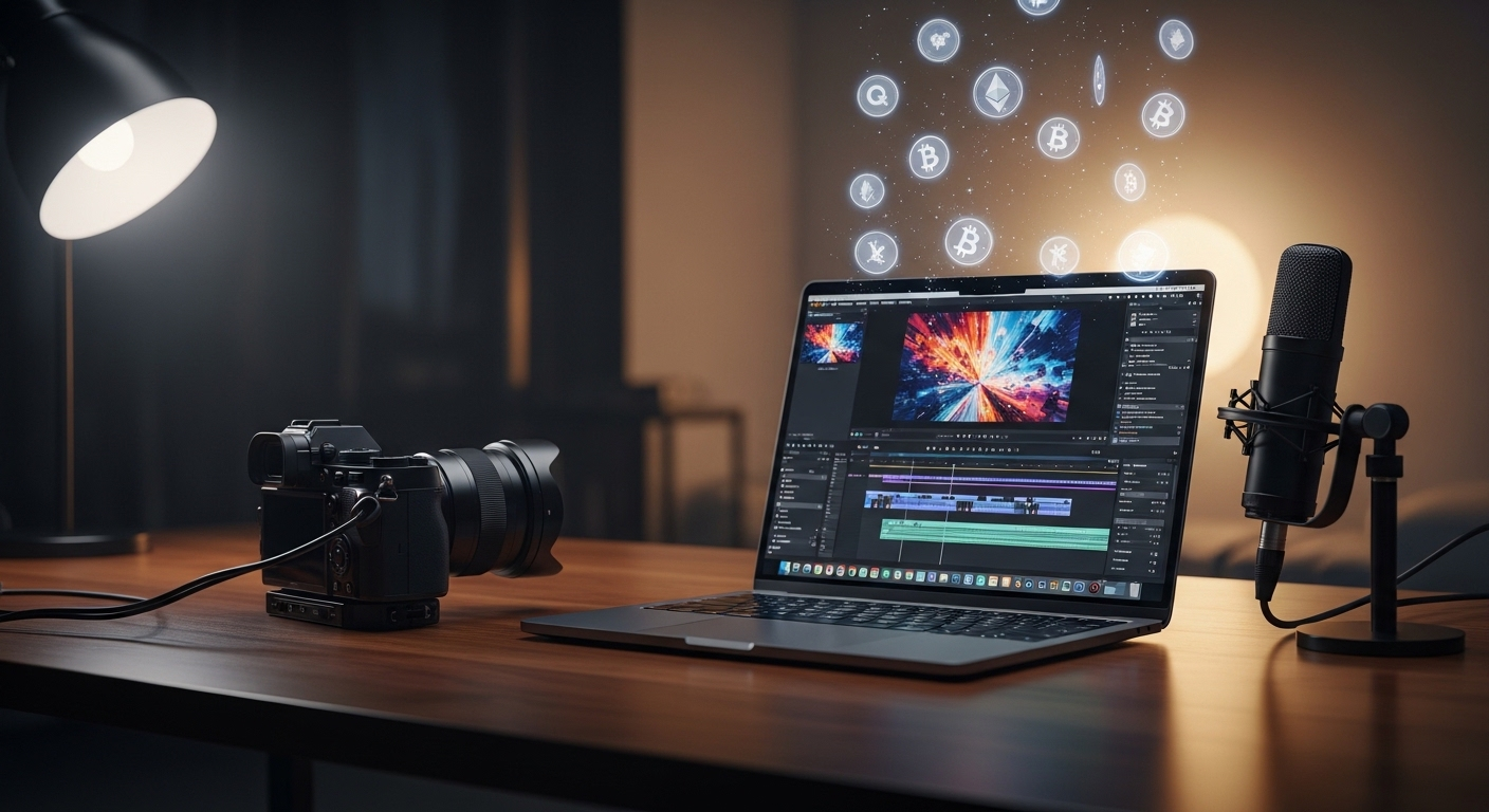 Thiết lập bàn làm việc chuyên nghiệp để sáng tạo nội dung video, với camera, micro và laptop mở hiển thị giao diện chỉnh sửa cùng các biểu tượng tiền tệ kỹ thuật số đang nổi lên, minh họa hướng dẫn kiếm tiền trên Facebook Ad Breaks.
