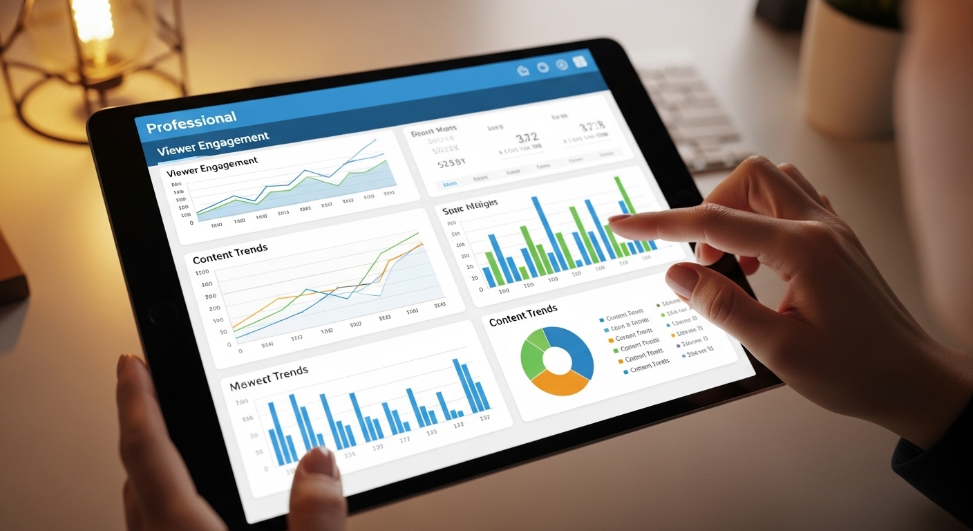 Tay tương tác trên máy tính bảng hiển thị biểu đồ phân tích tương tác và xu hướng Story Facebook chuyên nghiệp, giúp tối ưu để kiếm tiền từ Story Facebook hiệu quả.