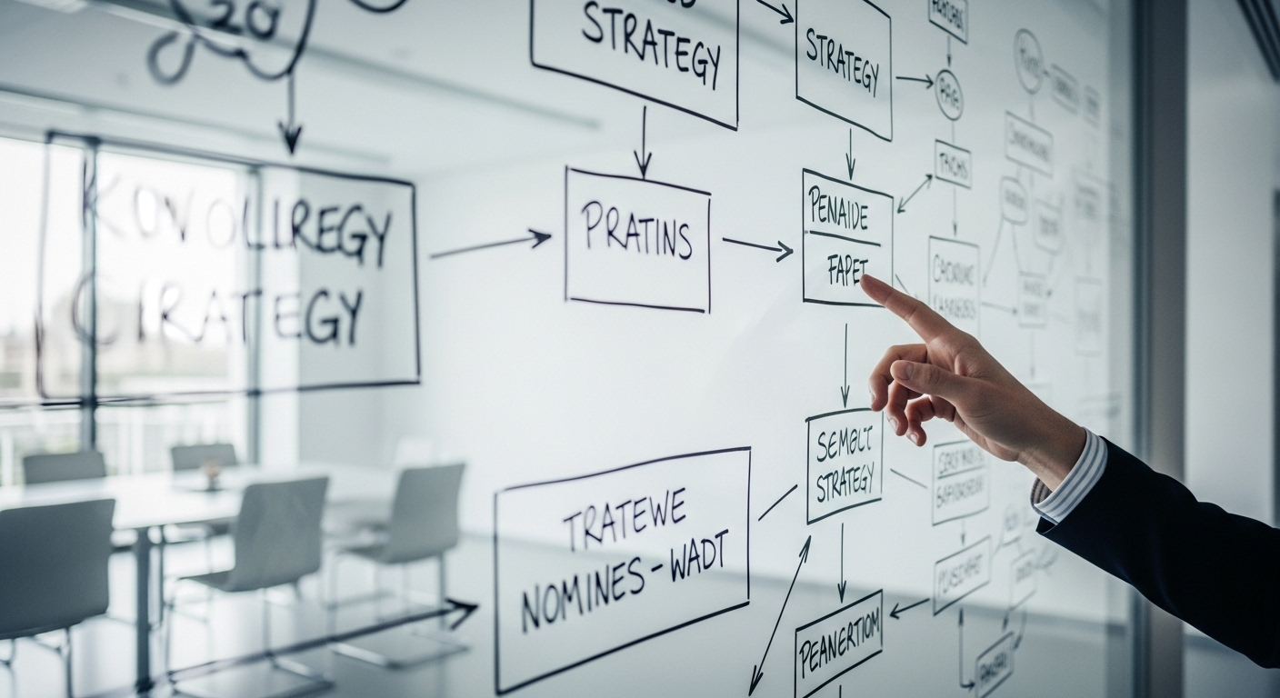 Bảng kính hiện đại với sơ đồ chiến lược phức tạp, tay chuyên nghiệp đang chỉ dẫn, minh họa buổi tư vấn hoặc lập kế hoạch về cách kiếm tiền trên Facebook hiệu quả.