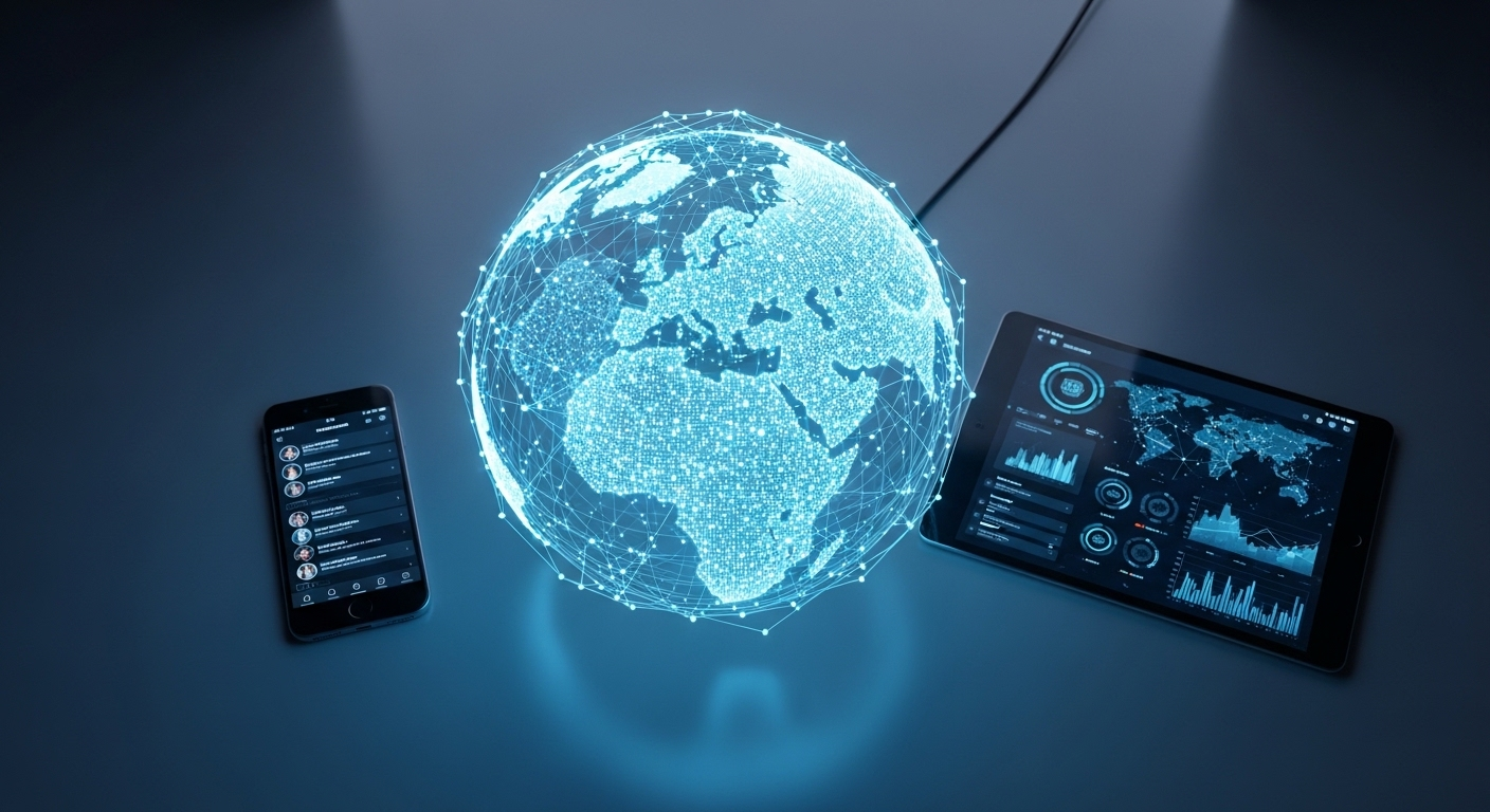 Bàn làm việc tối giản với quả địa cầu số phát sáng và các thiết bị điện tử hiển thị nội dung, giúp bạn khám phá cách bật kiếm tiền trên TikTok hiệu quả.