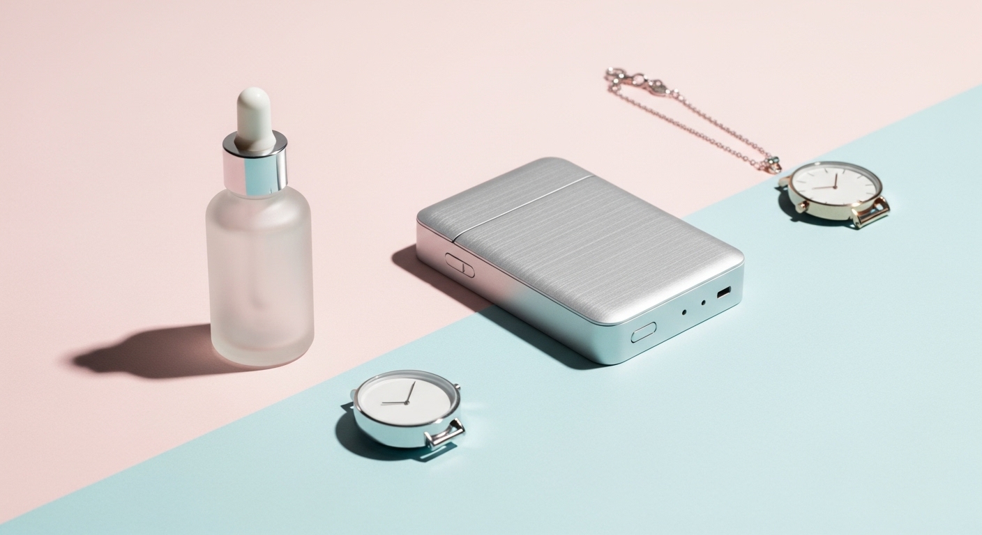 Bộ sưu tập sản phẩm tiêu dùng đa dạng (chai dưỡng da, đồ điện tử nhỏ gọn, phụ kiện thời trang) sắp xếp chuyên nghiệp trên nền pastel, sẵn sàng cho trưng bày e-commerce và minh họa cách làm tiếp thị liên kết TikTok hiệu quả.