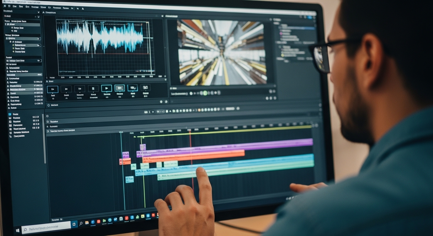 Người sáng tạo nội dung chuyên nghiệp đang tập trung chỉnh sửa video trên màn hình lớn trong studio hiện đại, chuẩn bị nội dung chất lượng cao để kiếm tiền trên TikTok.