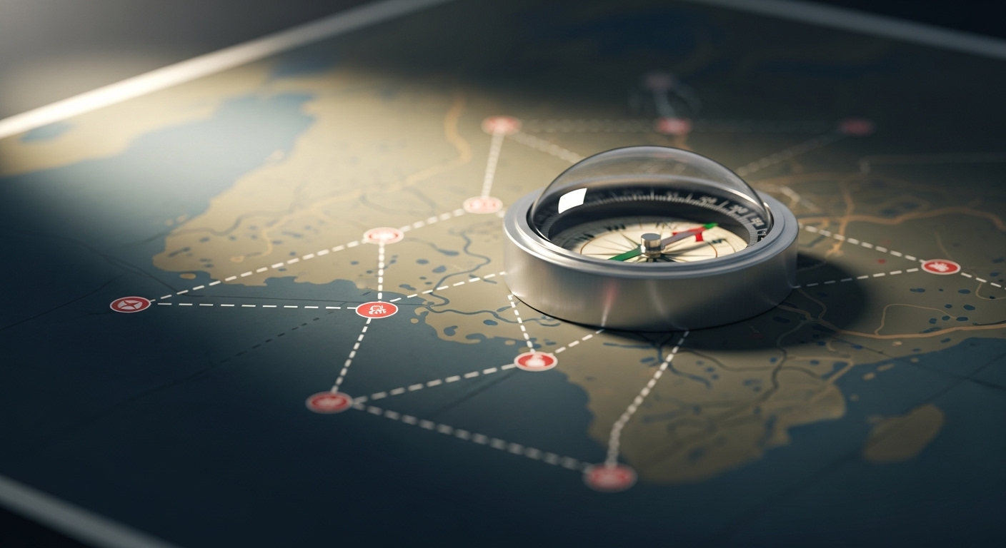 La bàn hiện đại trên bản đồ chiến lược với các điểm đánh dấu, tượng trưng cho việc định hướng và phân tích ma trận SWOT.