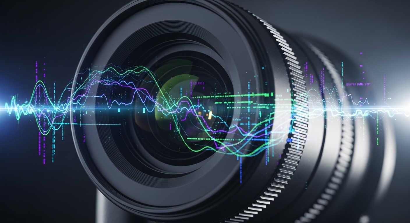 Ống kính máy ảnh công nghệ cao với luồng dữ liệu số phát sáng, tượng trưng cho việc tạo nội dung sáng tạo và cách bật kiếm tiền trên TikTok hiệu quả.