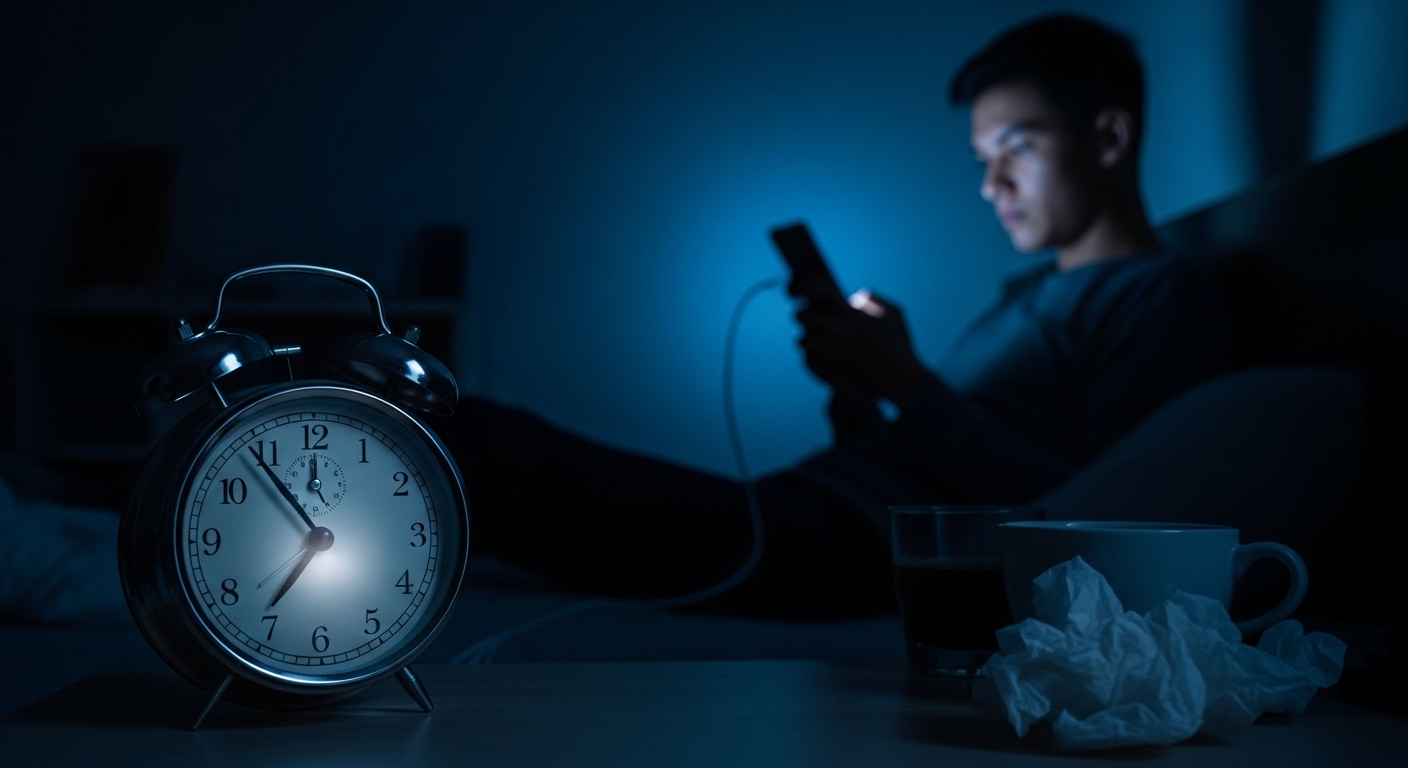 Người ngồi trong phòng tối khuya, ánh sáng màn hình điện thoại rọi sáng, đang kiếm tiền trên TikTok bằng cách xem video. Chiếc đồng hồ báo thức cổ điển cạnh bên chỉ giờ muộn, tượng trưng cho sự đầu tư thời gian.