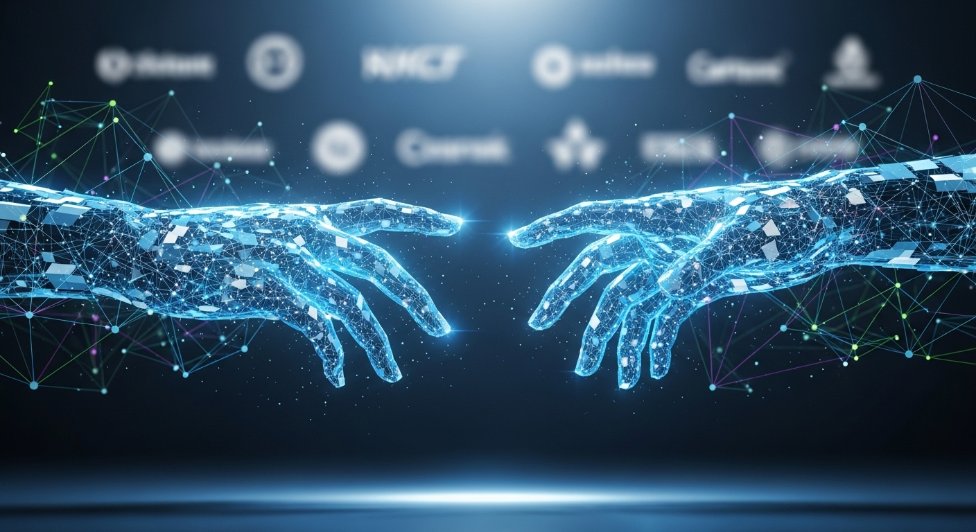 Hai bàn tay số trừu tượng kết nối trong mạng lưới dữ liệu phát sáng, đại diện cho hợp tác và cơ hội kiếm tiền trên TikTok.