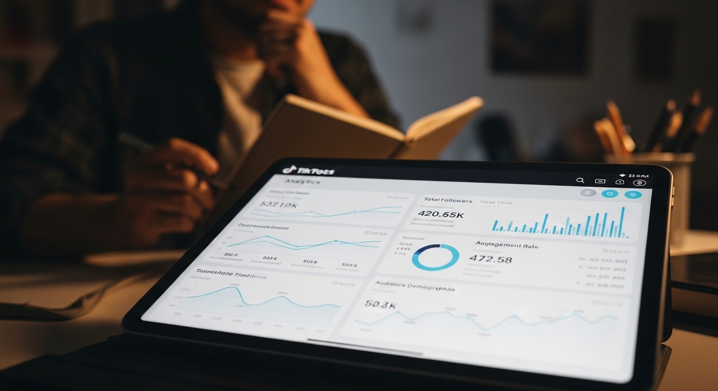 Màn hình máy tính bảng hiển thị phân tích TikTok, với người đang lên ý tưởng nội dung để tìm cách kiếm tiền trên TikTok hiệu quả.