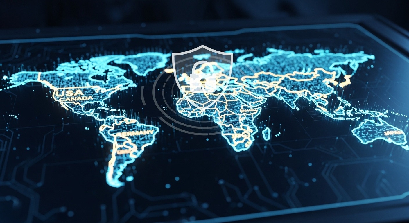 Bản đồ thế giới kỹ thuật số với các đường kết nối phát sáng và biểu tượng mạng an toàn, minh họa tiềm năng toàn cầu và truy cập không giới hạn để tìm hiểu cách kiếm tiền từ TikTok và các cơ hội trực tuyến khác.