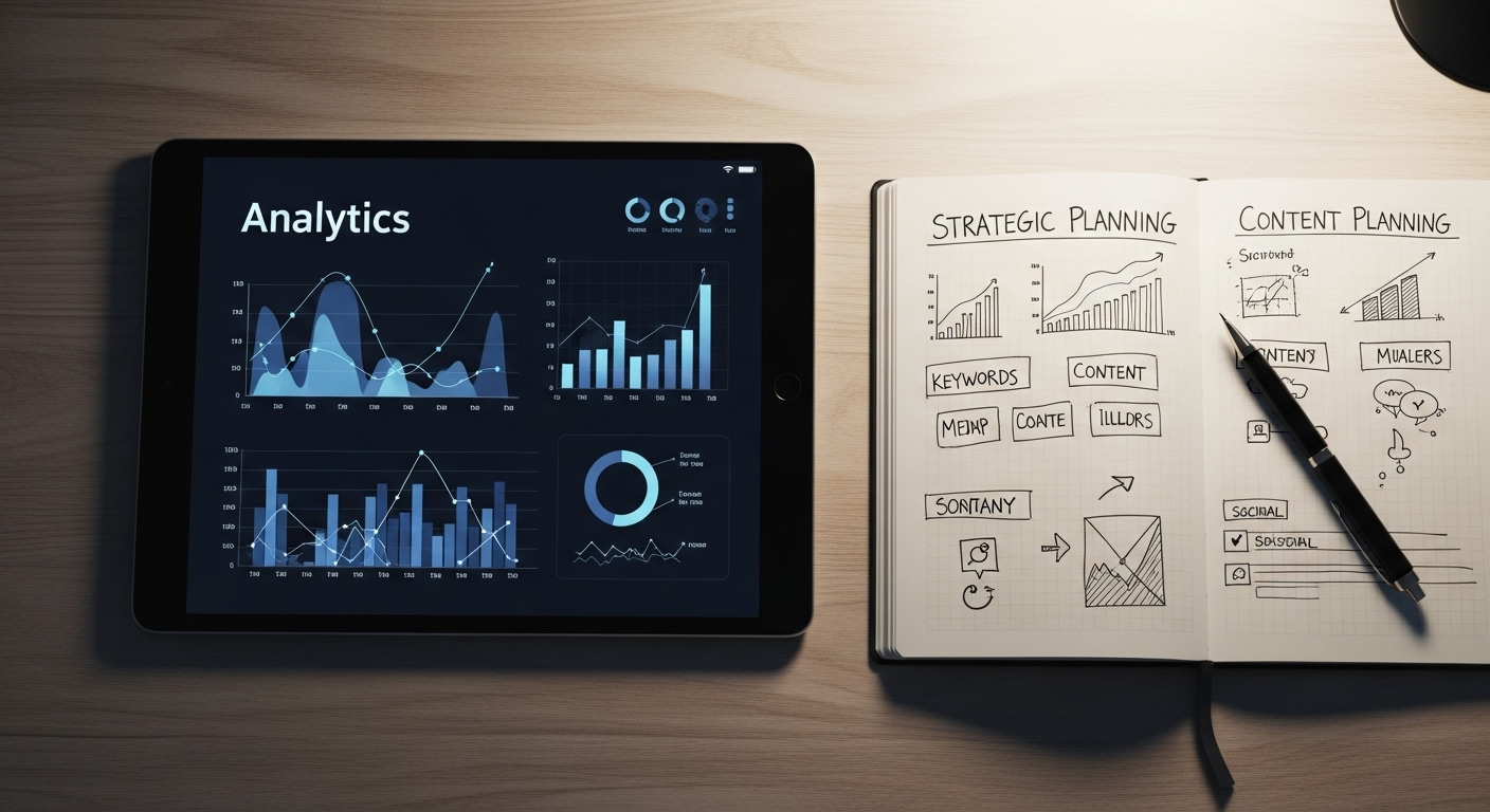 Một bàn làm việc hiện đại với máy tính bảng hiển thị biểu đồ phân tích và sổ tay ghi chép chiến lược, minh họa quy trình kiếm tiền từ Tiktok cho người mới thông qua lập kế hoạch nội dung hiệu quả.