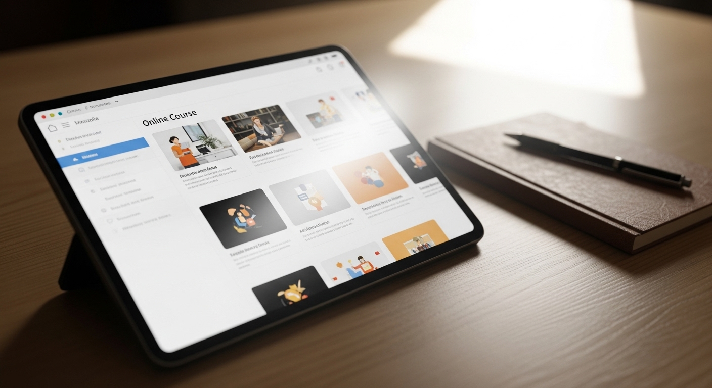 Máy tính bảng hiển thị khóa học online rõ ràng trên bàn làm việc, công cụ học tập số để kiếm tiền trên TikTok hiệu quả.