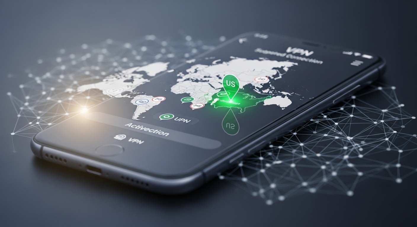 Màn hình điện thoại hiển thị ứng dụng VPN đang kết nối đến Hoa Kỳ trên bản đồ thế giới, minh họa một bước quan trọng cho cách bật kiếm tiền trên TikTok.