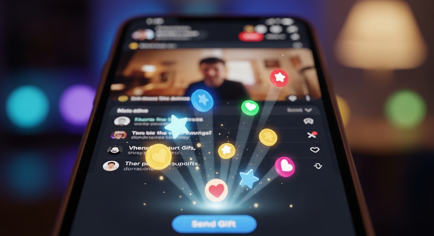 Màn hình điện thoại cận cảnh hiển thị live stream sôi động với các quà tặng số (sao, tim, xu) bay lên, cho thấy cách kiếm tiền TikTok hiệu quả.