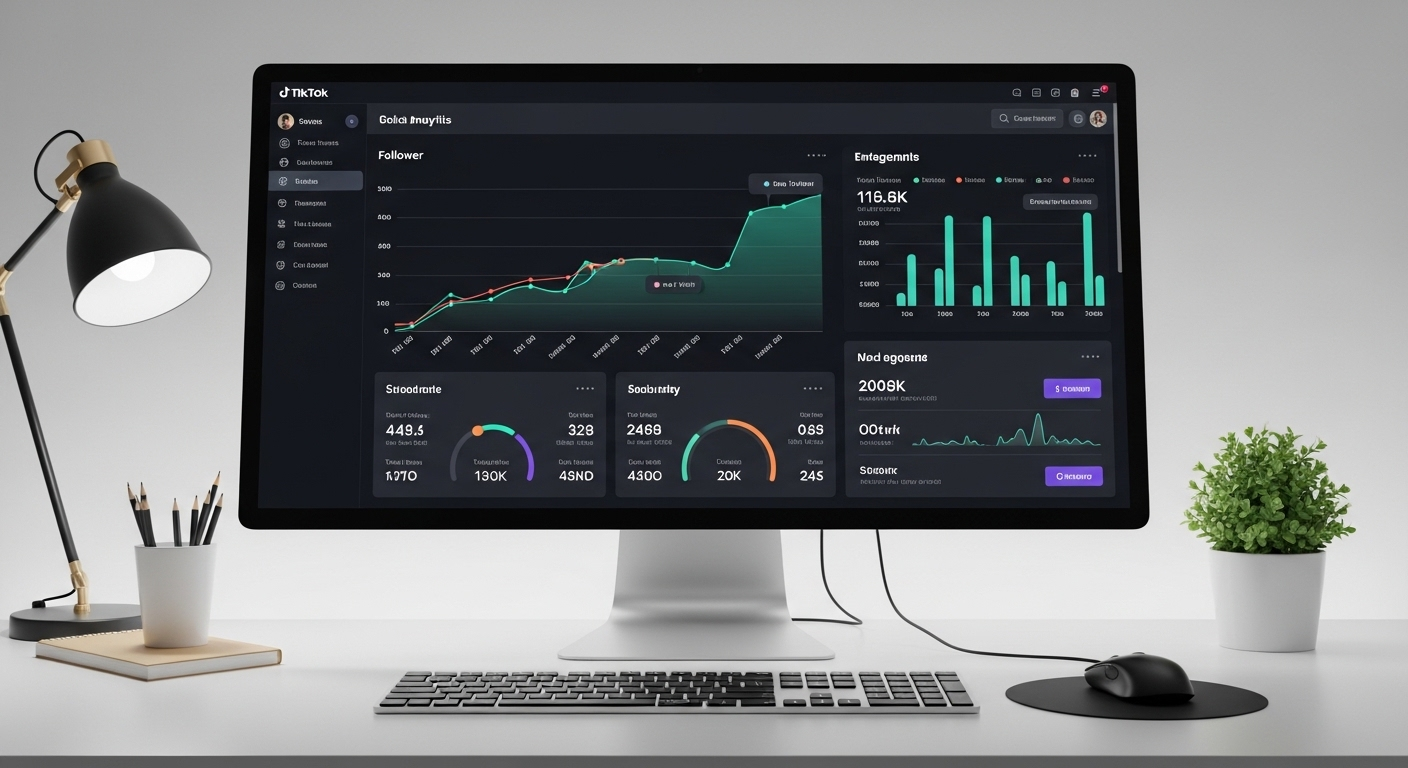 Màn hình máy tính hiển thị bảng phân tích TikTok chuyên sâu với biểu đồ tăng trưởng người theo dõi và tương tác, cung cấp dữ liệu quan trọng để kiếm tiền trên TikTok.