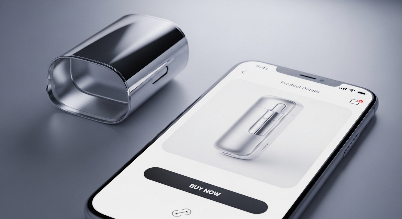 Chai mỹ phẩm/thiết bị tinh tế cạnh điện thoại hiển thị trang sản phẩm với nút 