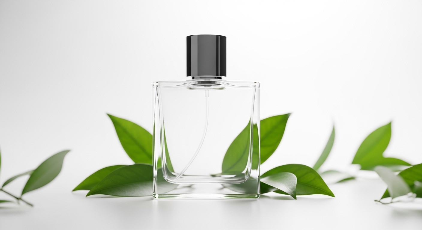 Chai nước hoa tinh tế, sang trọng trên nền trắng cùng lá xanh tươi, hình ảnh lý tưởng để review và kiếm tiền trên TikTok.