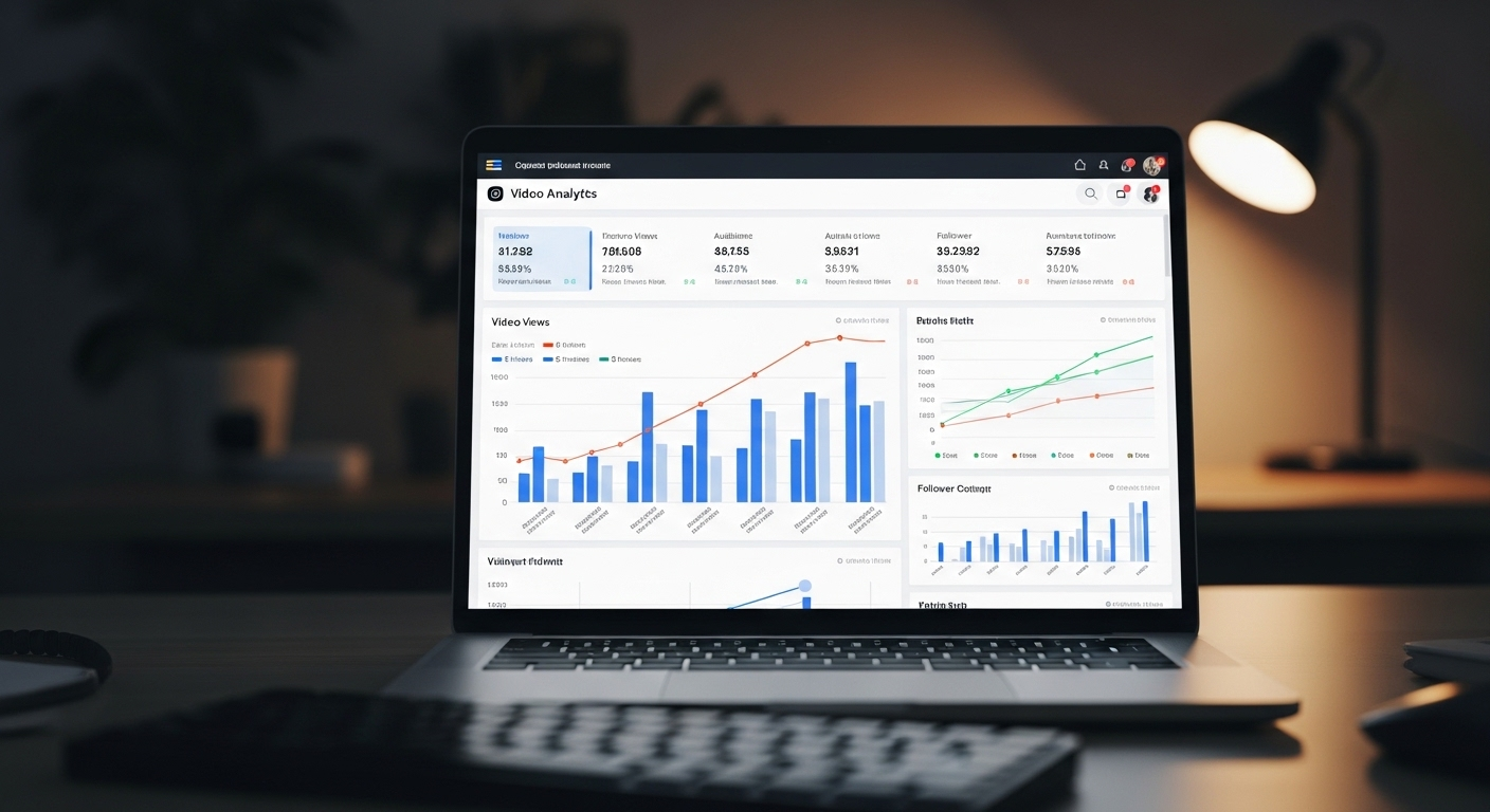 Màn hình laptop hiển thị bảng phân tích chi tiết về lượt xem video, tương tác và tăng trưởng người theo dõi của kênh nội dung số. Dữ liệu quan trọng giúp tối ưu cách kiếm tiền trên TikTok hiệu quả.