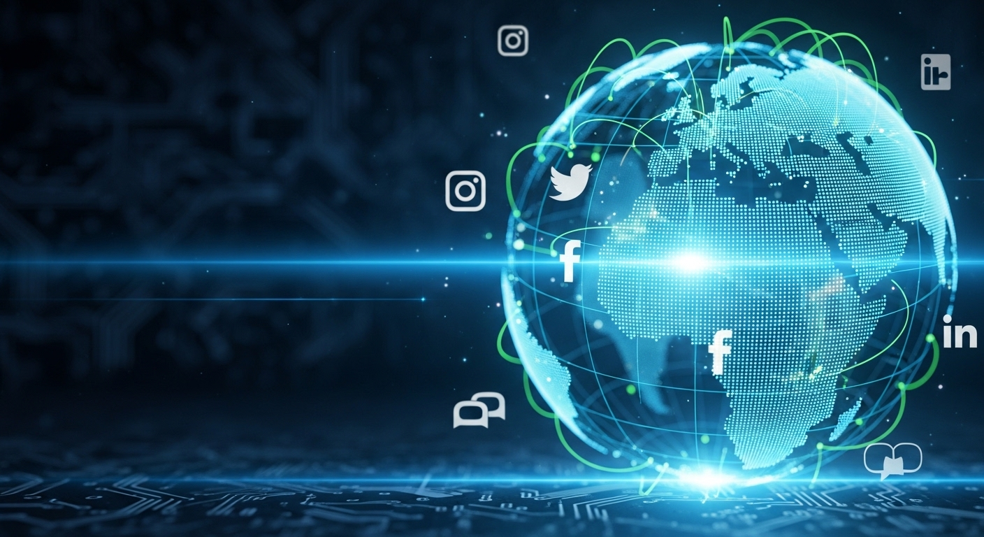 Quả địa cầu kỹ thuật số sống động với mạng lưới kết nối và biểu tượng mạng xã hội, thể hiện phạm vi tiếp cận toàn cầu và tiềm năng kiếm tiền trực tuyến, bao gồm cách bật kiếm tiền trên Tiktok hiệu quả.