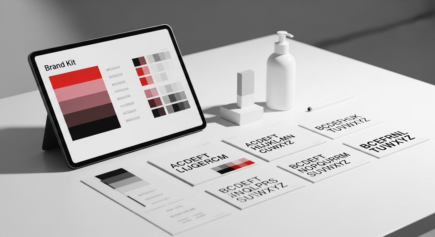 Bộ công cụ thương hiệu gồm bảng màu chi tiết trên màn hình và các mẫu typography in ấn trên thẻ trắng, đặt trên bàn studio trắng. Minh họa nguyên tắc trong hướng dẫn thiết kế Canva.