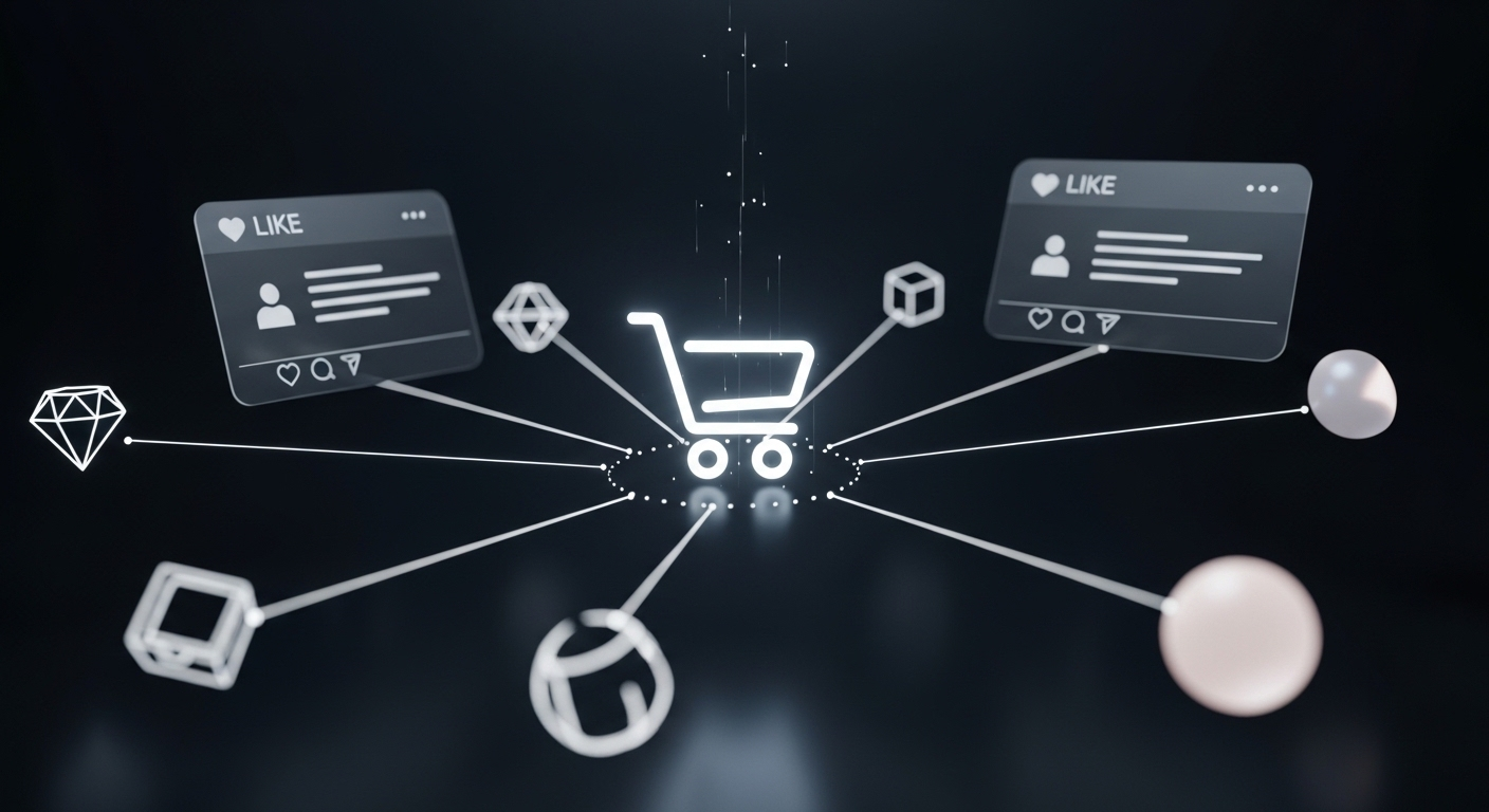 Giỏ hàng điện tử phát sáng tích hợp trên giao diện mạng xã hội, minh họa tiềm năng kiếm tiền trên TikTok từ thương mại điện tử và bán hàng online.