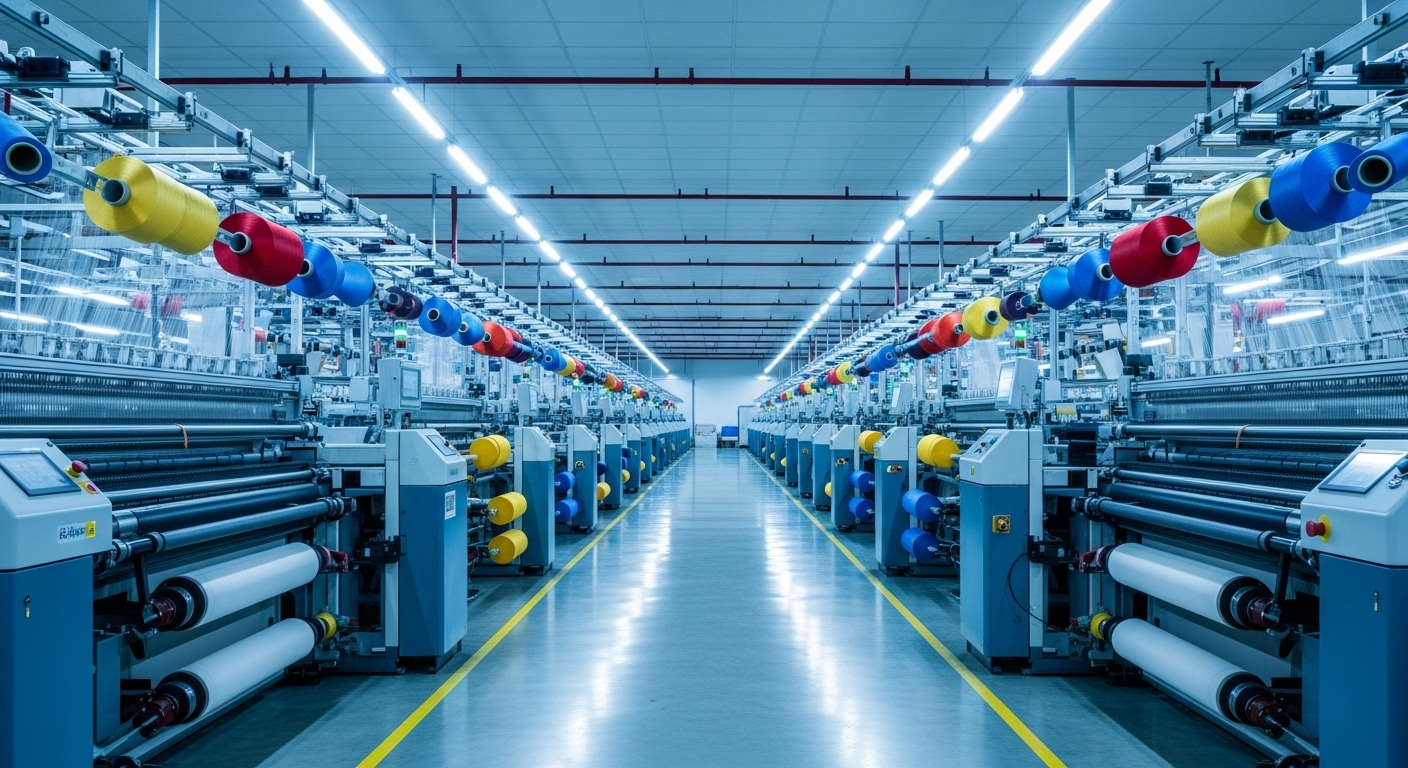 Nhà máy dệt hiện đại với máy móc tự động sản xuất vải màu sắc. Hình ảnh này là một minh họa trực quan về nguồn cung ứng, hữu ích khi tìm hiểu cách tìm nguồn hàng TikTok Shop chất lượng.