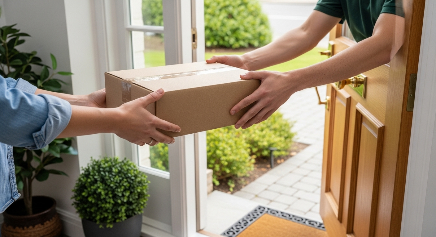 Cảnh gói hàng được nhân viên giao hàng trao tận tay khách hàng tại cửa nhà dưới ánh sáng ban ngày, minh họa quy trình nhận hàng suôn sẻ. Đây là yếu tố quan trọng khi cần tìm hiểu về việc thay đổi địa chỉ giao hàng trên Lazada để đảm bảo trải nghiệm mua sắm thuận tiện.