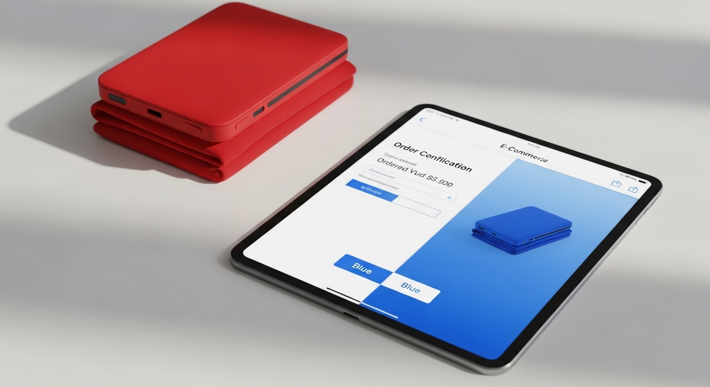 Sản phẩm màu đỏ thực tế đặt cạnh máy tính bảng hiển thị đơn hàng sản phẩm màu xanh, minh họa sai màu nhận được. Lazada có cho kiểm tra hàng trước khi nhận không?