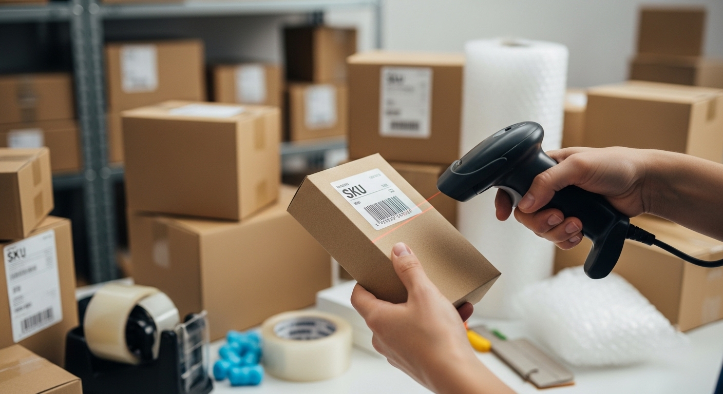 Tay đang quét SKU sản phẩm Shopee bằng máy quét mã vạch cầm tay tại trạm vận chuyển, với hộp hàng và vật liệu đóng gói gọn gàng ở hậu cảnh, thể hiện quy trình xử lý đơn hàng hiệu quả.