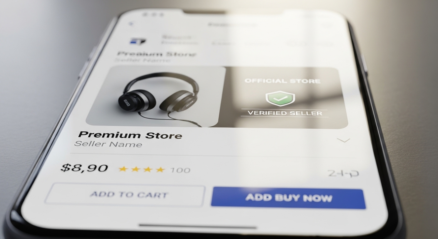 Màn hình điện thoại hiển thị ứng dụng thương mại điện tử với huy hiệu 