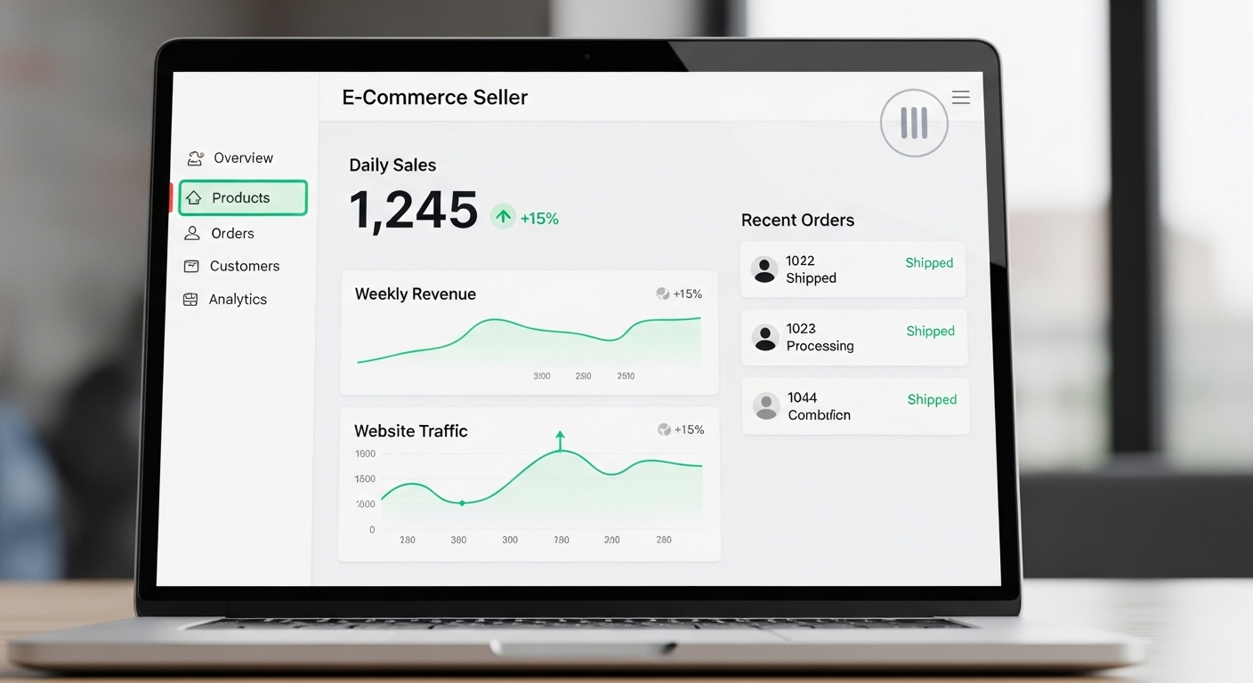 Laptop hiển thị bảng điều khiển bán hàng Shopee với biểu đồ hiệu suất và biểu tượng tạm dừng. Minh họa chế độ tạm nghỉ Shopee để quản lý và tối ưu gian hàng hiệu quả.