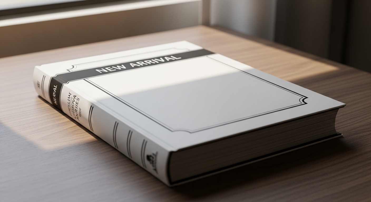 Sách bìa cứng có khung thiết kế đơn giản, dải 'NEW ARRIVAL'. Hướng dẫn cách tạo khung Shopee chuyên nghiệp.