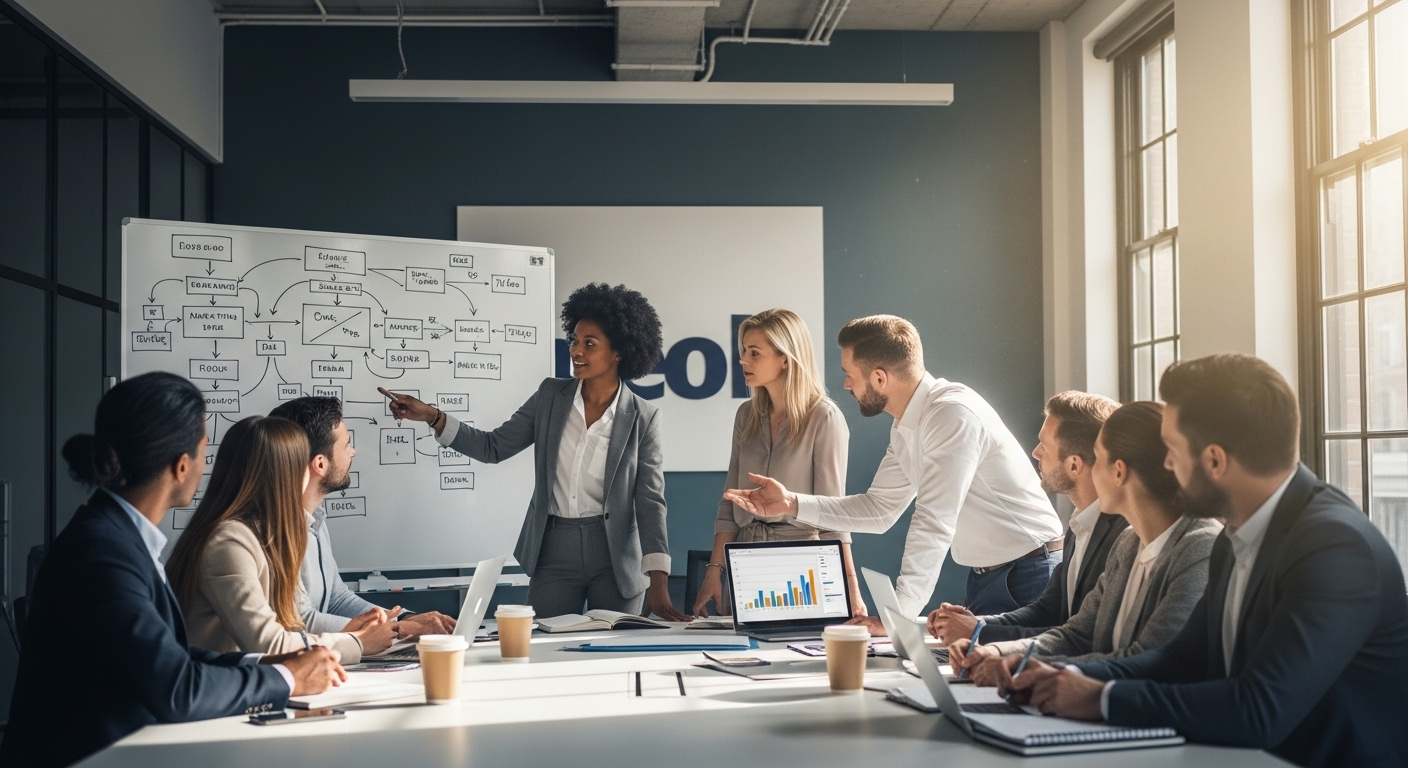 Đội ngũ chuyên gia marketing đa dạng, đại diện cho các vị trí trong ngành Marketing khác nhau, đang tích cực thảo luận chiến lược quanh bàn hội nghị trong văn phòng hiện đại, tràn ngập ánh nắng. Bảng trắng phía sau hiển thị sơ đồ quy trình chiến dịch marketing.