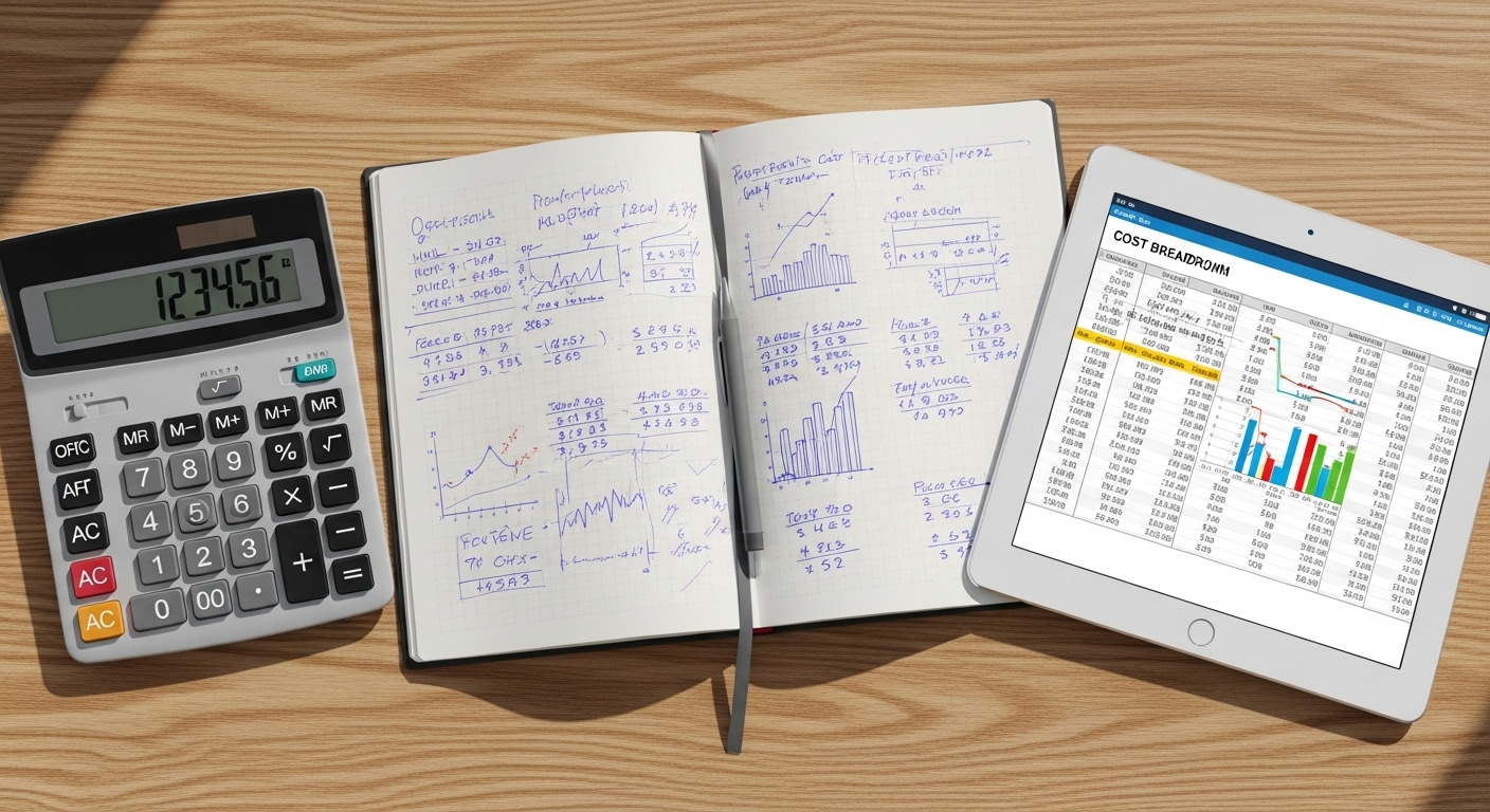 Cảnh quay từ trên cao bàn làm việc gọn gàng với máy tính cầm tay, sổ tay ghi chép các phép tính tài chính và máy tính bảng hiển thị biểu đồ phân tích chi phí. Bối cảnh lý tưởng để người bán tìm hiểu và tính toán Lazada thu phí người bán như thế nào.