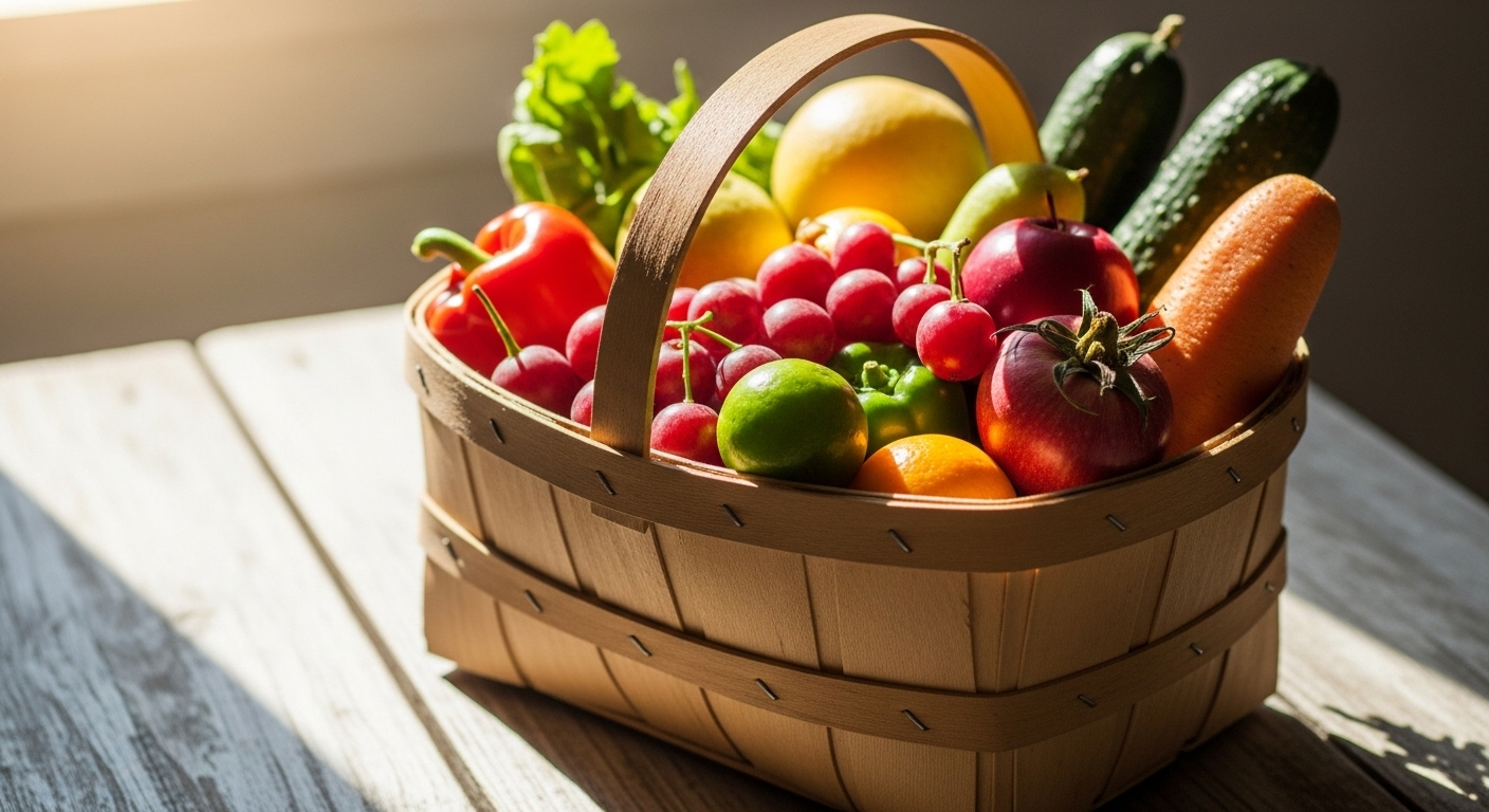 Giỏ gỗ mộc đầy ắp rau củ quả tươi ngon, rực rỡ dưới ánh nắng, tạo nội dung hấp dẫn để kiếm tiền trên TikTok. Giỏ gỗ mộc đầy ắp rau củ quả tươi ngon, rực rỡ dưới ánh nắng, tạo nội dung hấp dẫn để kiếm tiền trên TikTok.