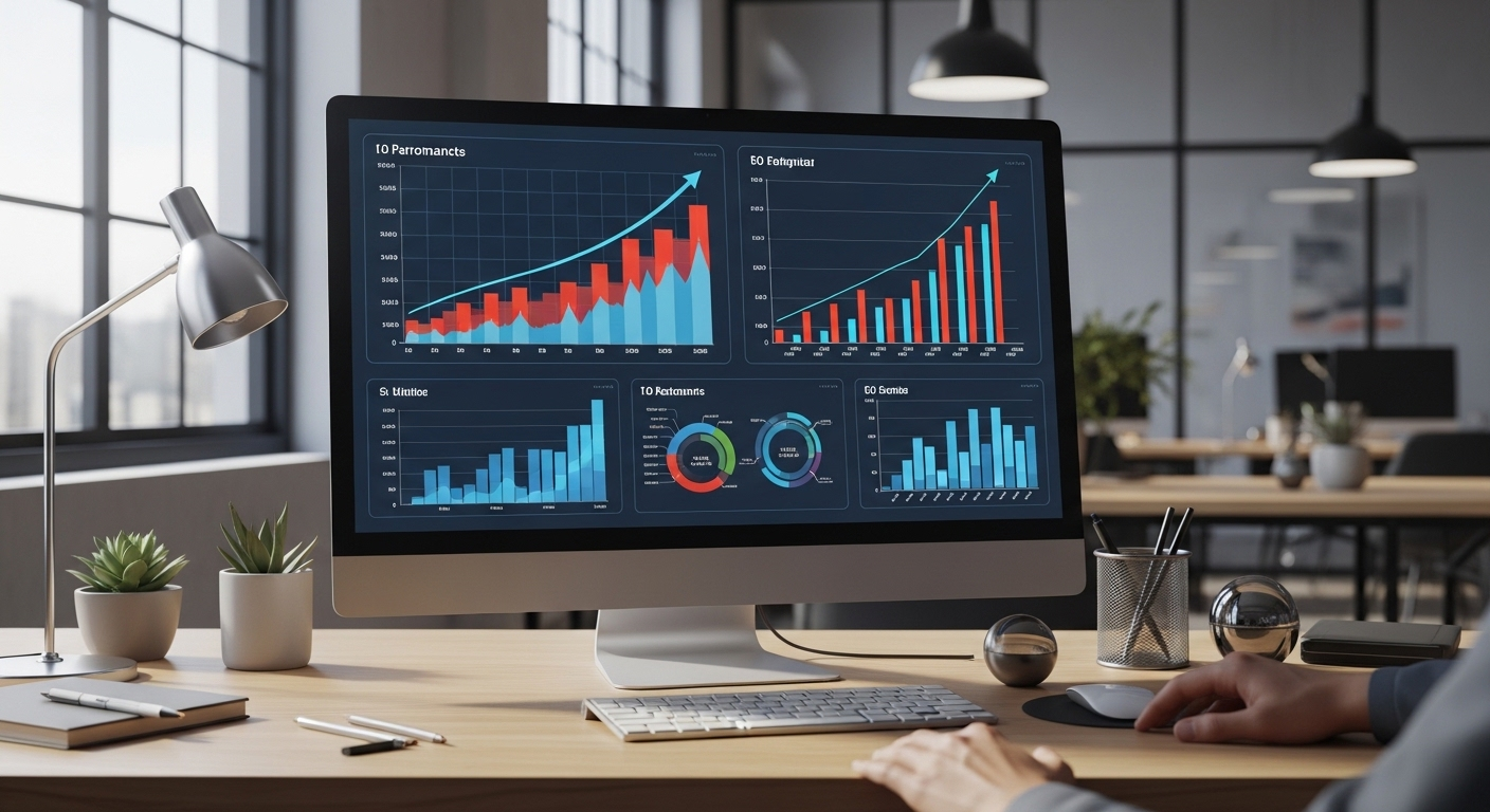 Màn hình hiển thị các biểu đồ dữ liệu tăng trưởng tích cực, thể hiện thành công khi tối ưu cách làm tiếp thị liên kết trên tiktok, với đôi tay đặt nhẹ trên bàn phím trong môi trường văn phòng hiện đại.