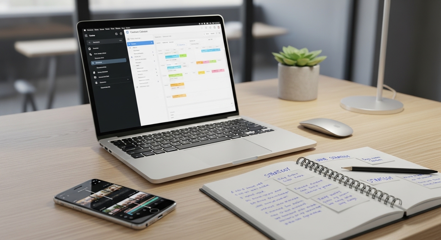 Bàn làm việc chuyên nghiệp với laptop hiển thị lịch nội dung, sổ ghi chú chiến lược và điện thoại chỉnh sửa video, thể hiện quy trình sáng tạo hiệu quả cho cách kiếm tiền trên TikTok.
