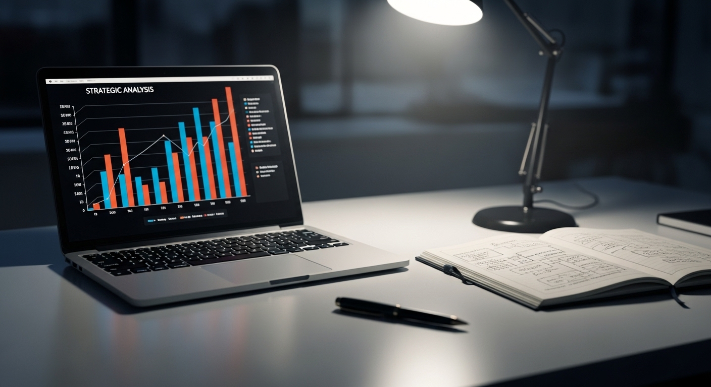 Bàn làm việc gọn gàng với laptop hiển thị biểu đồ phân tích và sổ tay kế hoạch, thể hiện quá trình lập chiến lược hiệu quả cho cách kiếm tiền từ Tiktok cho người mới.