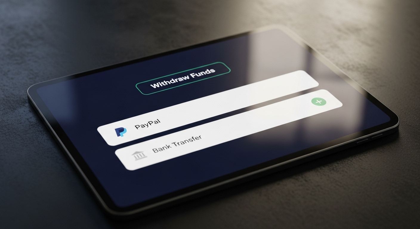 Màn hình máy tính bảng hiển thị giao diện rút tiền về PayPal hoặc ngân hàng, minh họa cách quản lý tiền hiệu quả sau khi bật kiếm tiền trên TikTok.