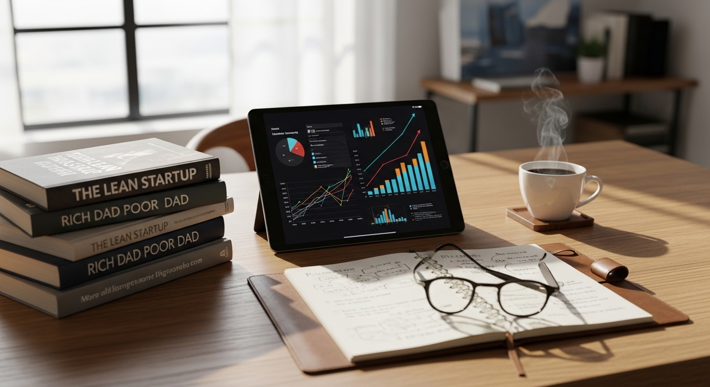 Bàn làm việc gỗ gọn gàng với sách kinh doanh, tablet hiển thị dữ liệu phức tạp và sổ ghi chú, tạo không gian lý tưởng để tìm hiểu MMO là gì.