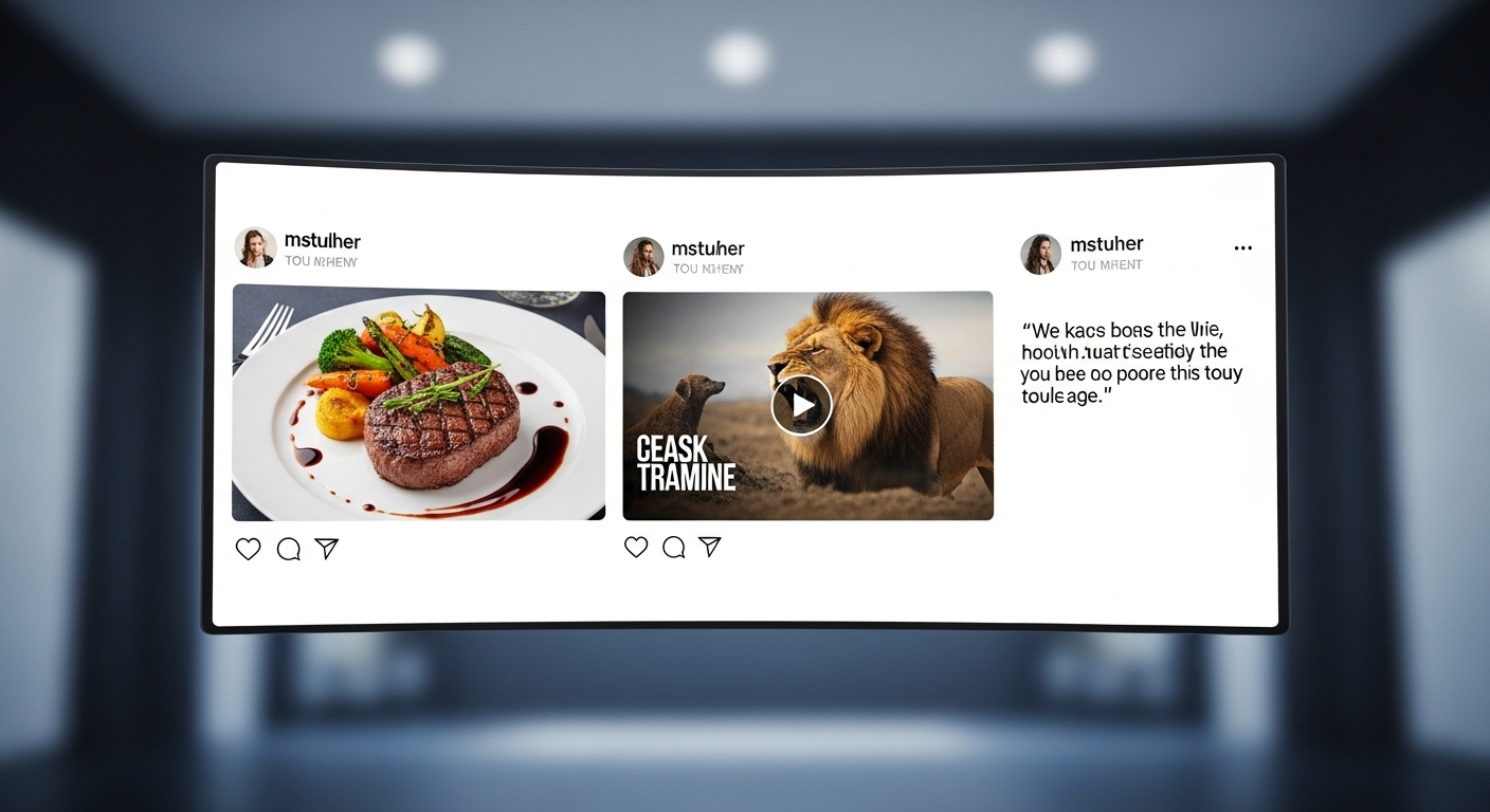 Màn hình kỹ thuật số hiển thị đa dạng nội dung Fanpage chất lượng cao (ảnh, video, bài viết) kèm biểu tượng tương tác, minh họa tầm quan trọng của nội dung hấp dẫn trong cách mời bạn bè thích trang Fanpage hiệu quả.