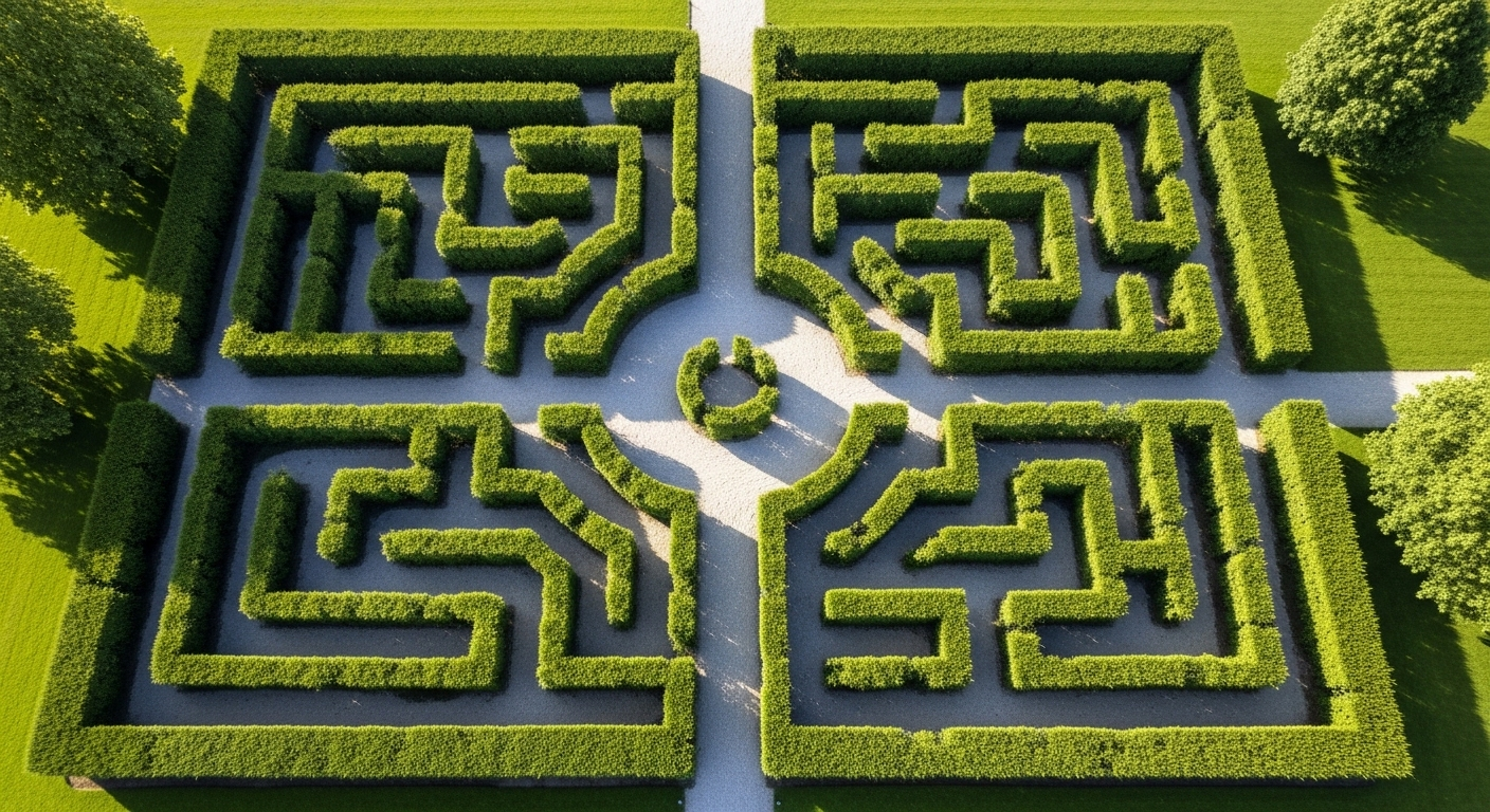 Mê cung vườn xanh thiết kế tinh xảo nhìn từ trên cao, lối đi rõ ràng. Gợi liên tưởng về những thế giới phức tạp cần khám phá, như khi tìm hiểu MMO là gì.