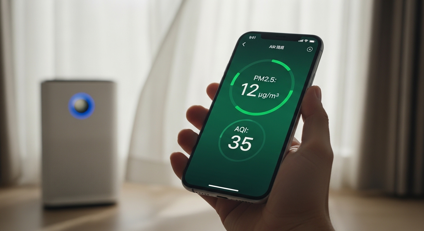 Tay cầm smartphone hiển thị ứng dụng theo dõi chất lượng không khí với số liệu màu xanh rõ nét, cùng máy lọc không khí hiện đại ở hậu cảnh.
