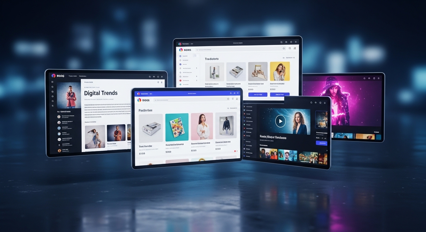 Màn hình kỹ thuật số liên kết hiển thị blog, cửa hàng trực tuyến (e-commerce) và nền tảng video, tượng trưng cho hệ sinh thái số đa dạng và các cơ hội kiếm tiền online. Hình ảnh minh họa cách MMO là gì trong thế giới kỹ thuật số.