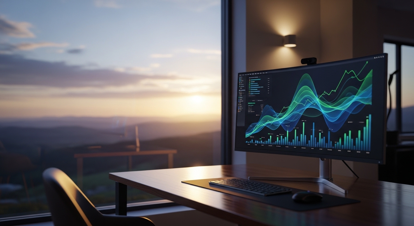 Màn hình máy tính hiển thị biểu đồ tăng trưởng dữ liệu tự động, cạnh cửa sổ nhìn ra phong cảnh yên bình. Hình ảnh minh họa quy trình kỹ thuật số hiệu quả, gợi mở về MMO là gì và tiềm năng kiếm tiền online.