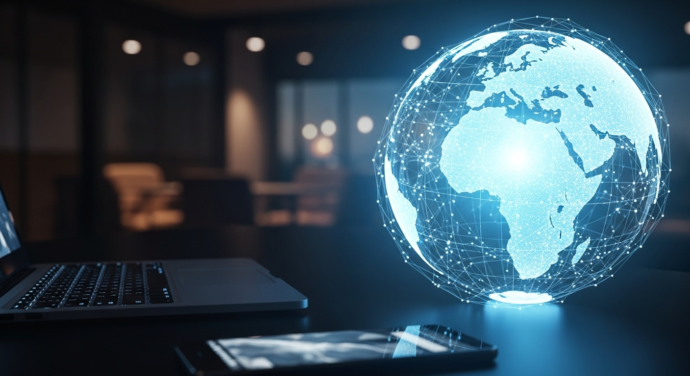 Mô hình quả địa cầu phát sáng với mạng lưới kỹ thuật số, laptop và điện thoại trên bàn làm việc, thể hiện sự kết nối toàn cầu trong các công việc trực tuyến như MMO là công việc gì.