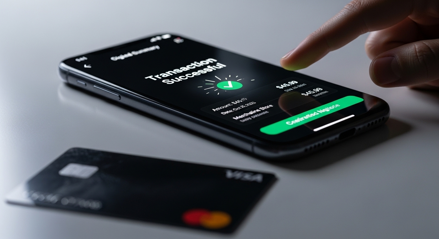 Bàn tay cầm smartphone hiển thị giao dịch thanh toán số thành công, thẻ tín dụng trên bàn. Minh họa cho các giao dịch online an toàn và liên quan đến việc tìm hiểu MMO là gì.